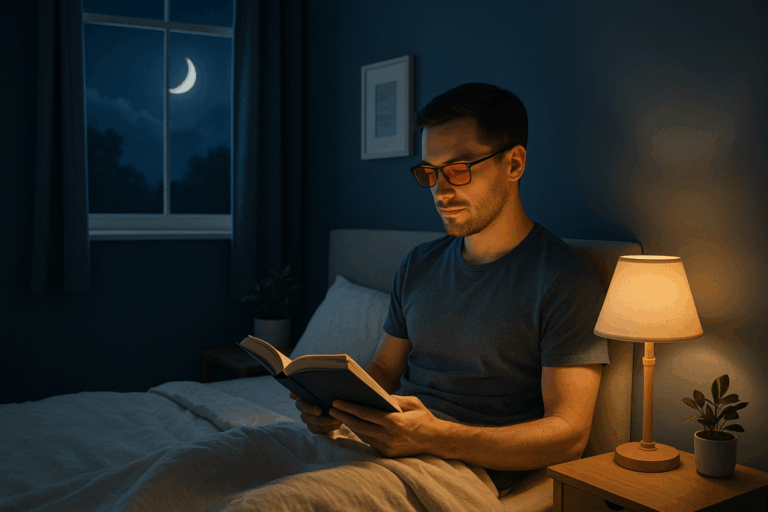 Jonge professional met blauwlichtbril leest ’s avonds een boek in een rustige slaapkamer met donkerblauwe sfeer en warm licht.
