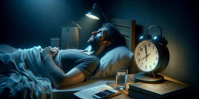 Sleep 001 Man in bed die niet kan slapen en weer vroeg op moet staan.